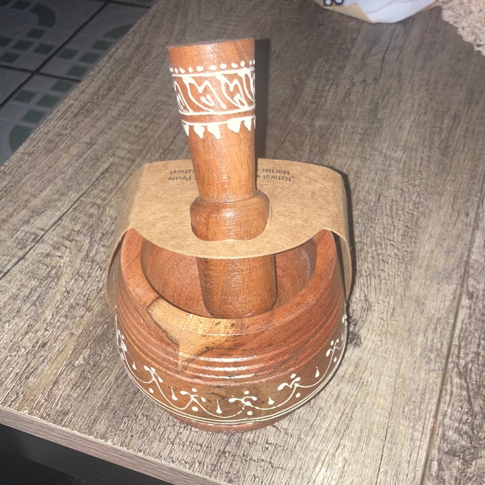 Natural wood mortar and pestle